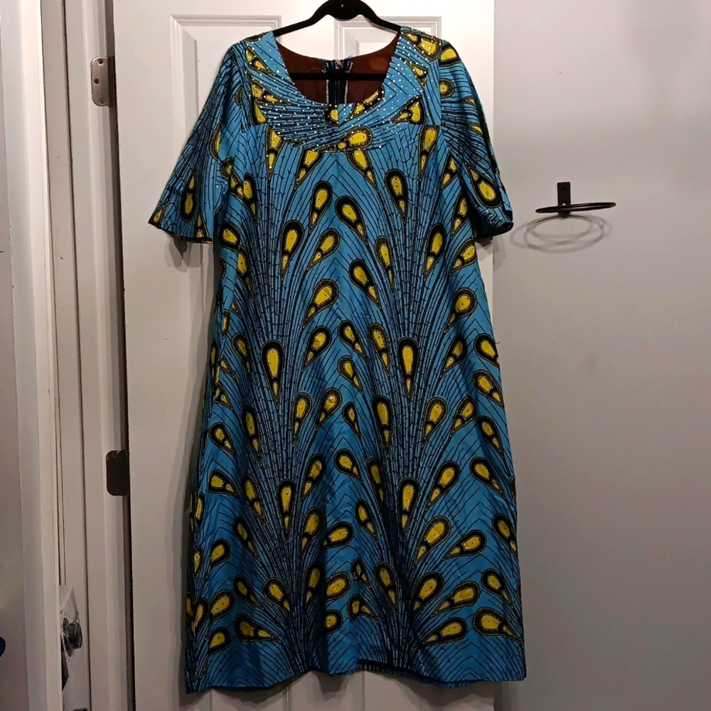 Vintage Handmade Peacock Moo Moo Midi Dress Rhinestones XXL
